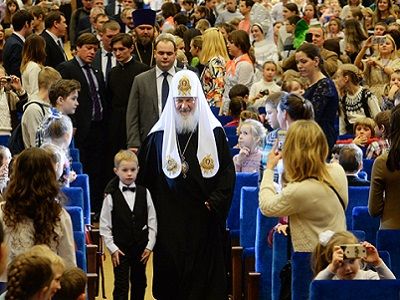 Патриарх Кирилл (Гундяев) на Рождественской елке в Кремле, 8.1.17. Фото: patriarchia.ru