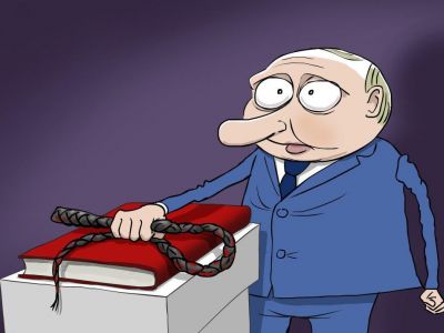 Путин на инаугурации: нагайка на Конституции. Карикатура: С. Елкин, dw.com
