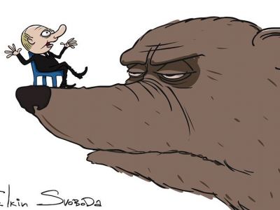 Путин и Медведь. Рис. С.Елкина, источники - svoboda.org, www.facebook.com/sergey.elkin1